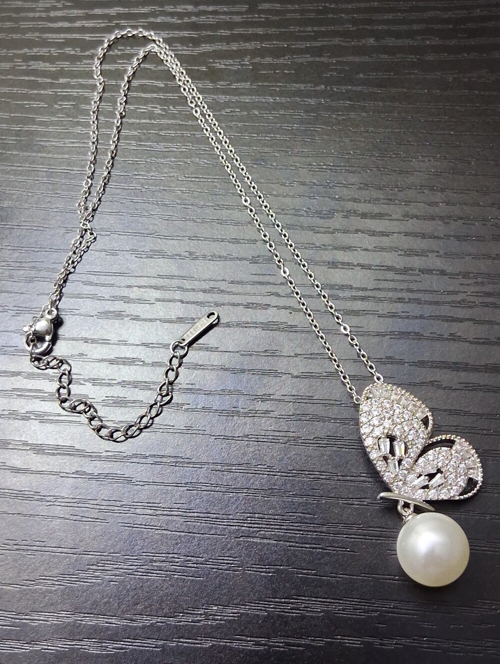 Silver Pearl Drop Butterfly Pendant Necklace
